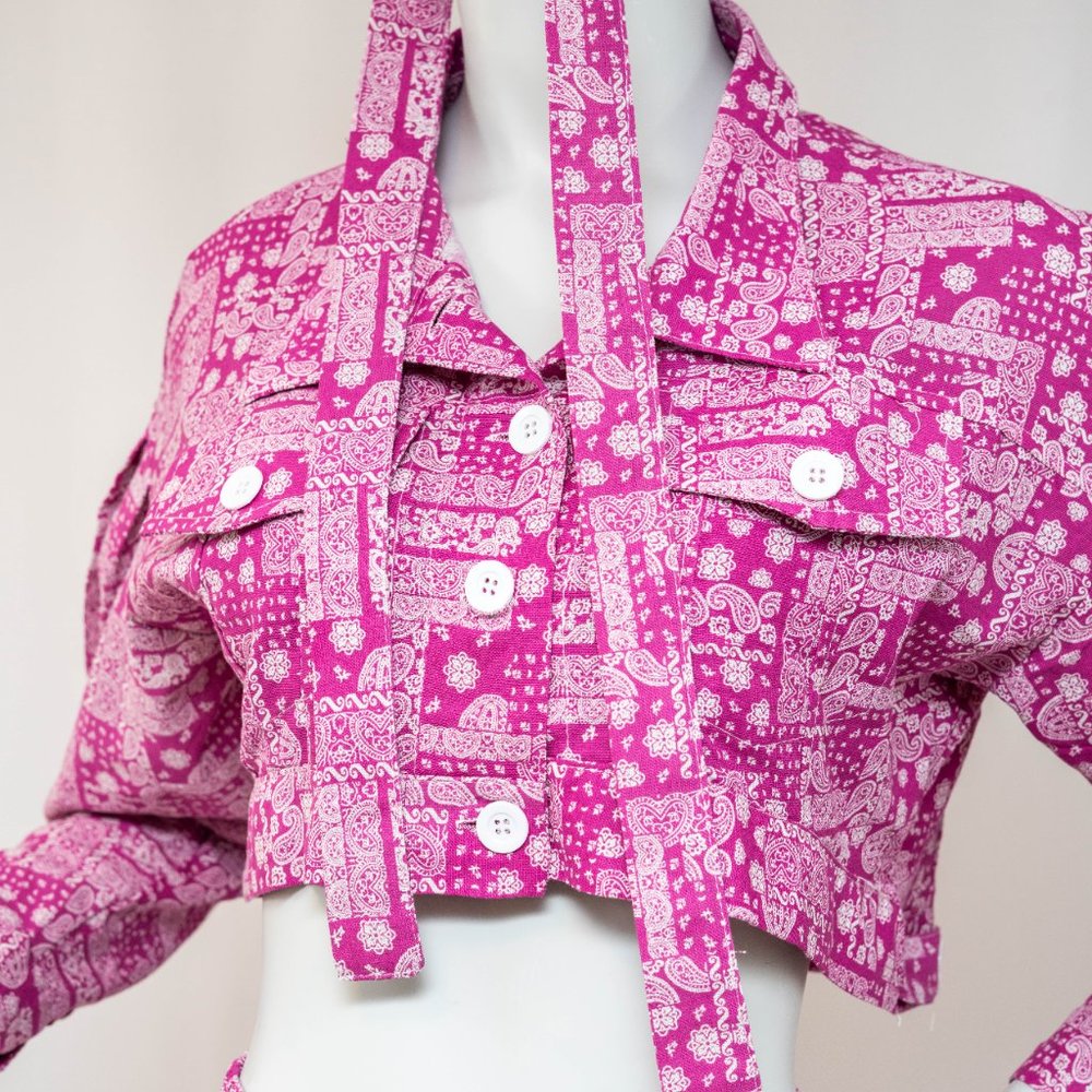 Women's Three Piece Paisley Pink Pattern Crop Jacket and Loose Pants Handmade - Picture 7 of 11